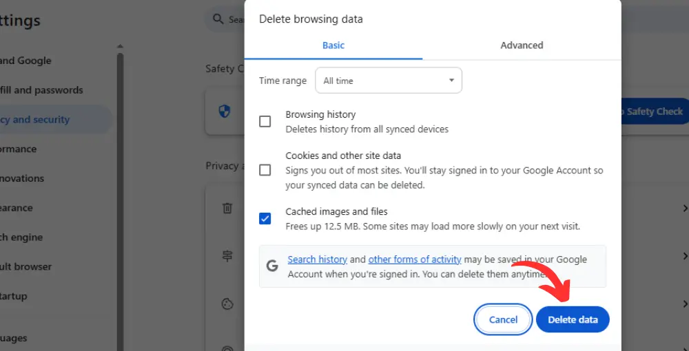 Clear Browsing Cache and Cookies
